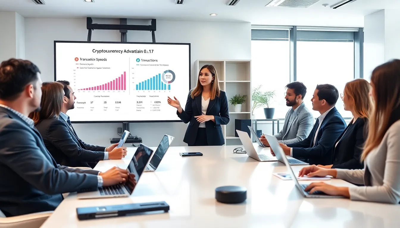 team discussing cryptocurrency advancements in a modern office.