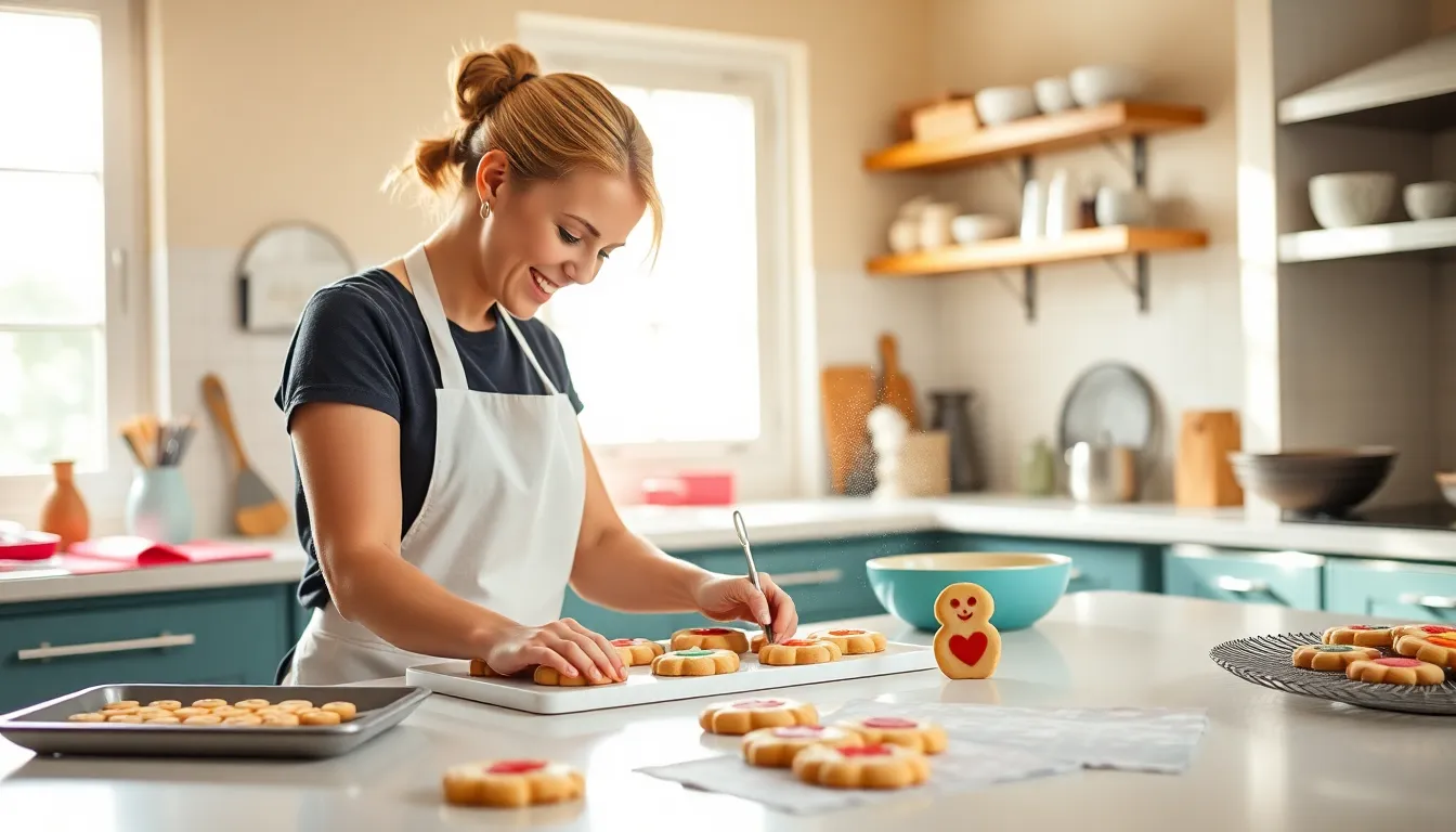 baker decorating cookies in a warm, inviting kitchen.