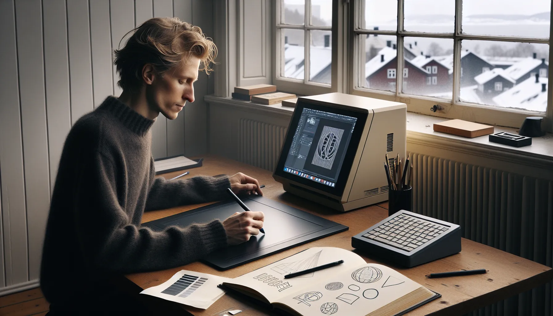 Norwegian designer using a stylus on a tablet, sketches and vintage dtp gear nearby.