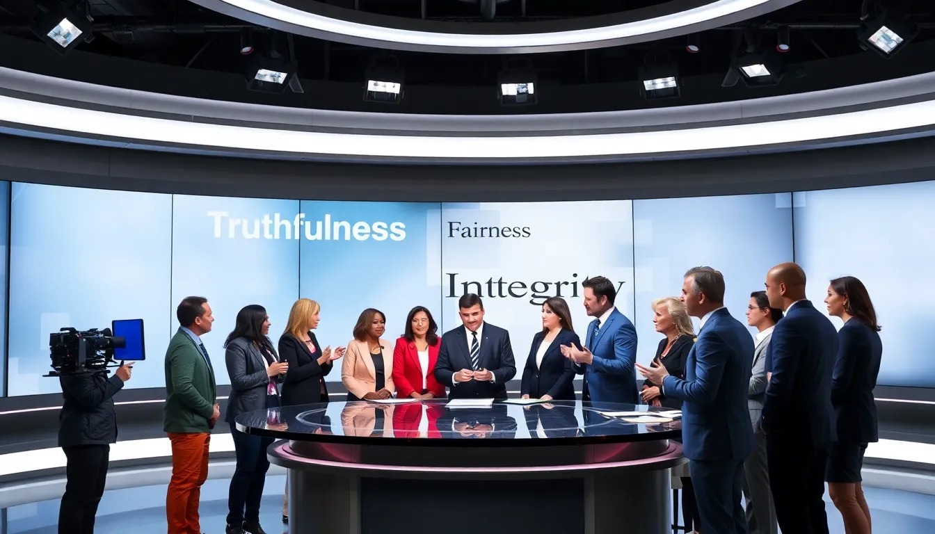 diverse media professionals discussing ethics in a modern newsroom.