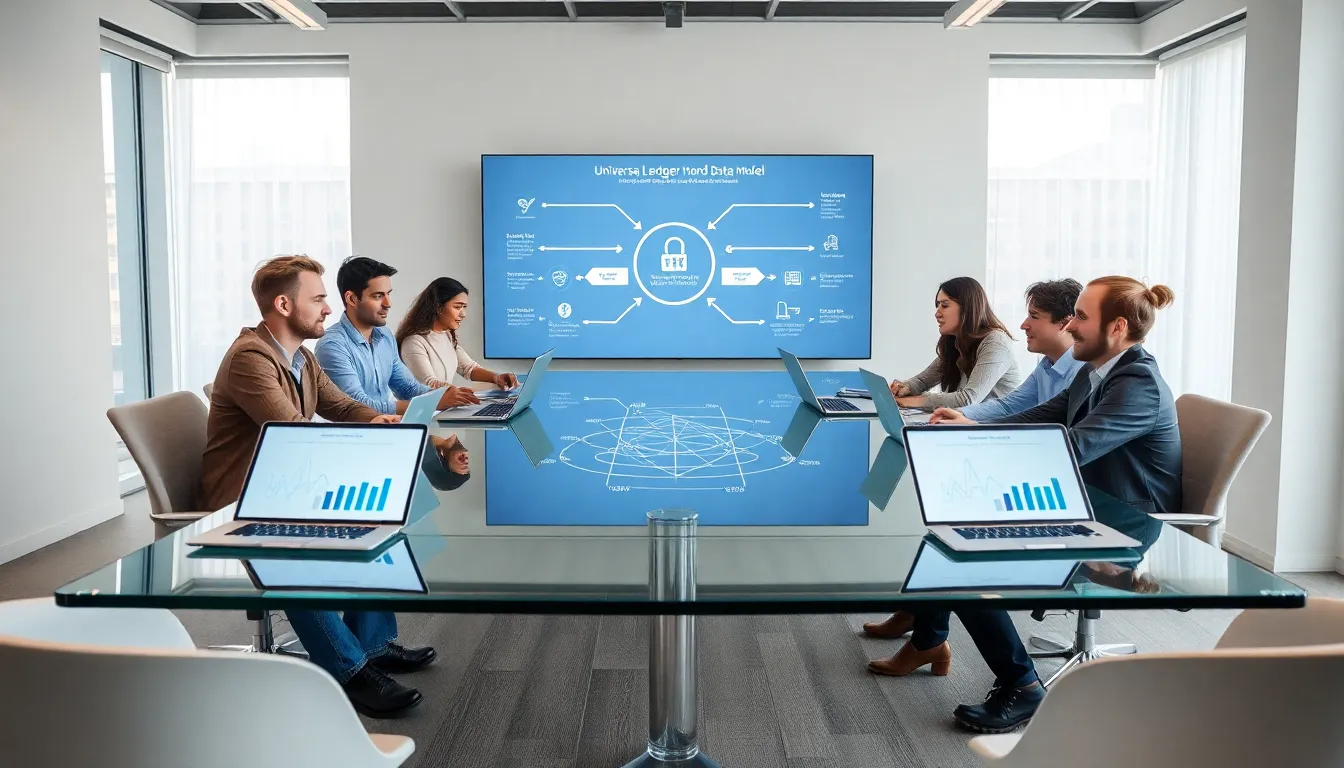 diverse team discussing Universal Ledger Data Model in a modern office.