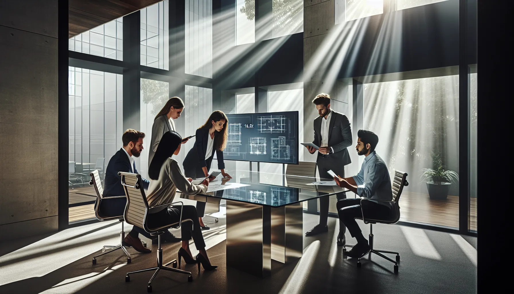 team discussing design dimensions in a modern office setting.