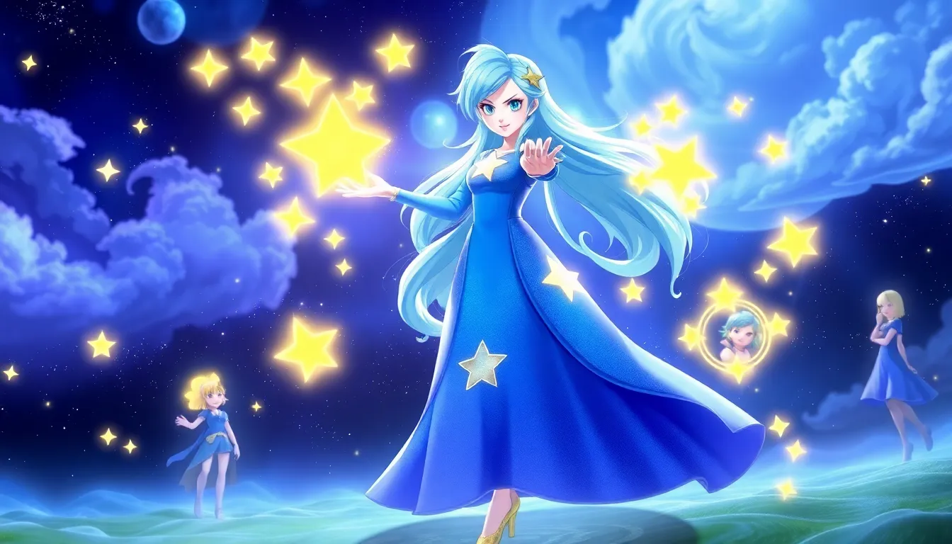 Rosalina casting magic in a vibrant cosmic battlefield with teammates.