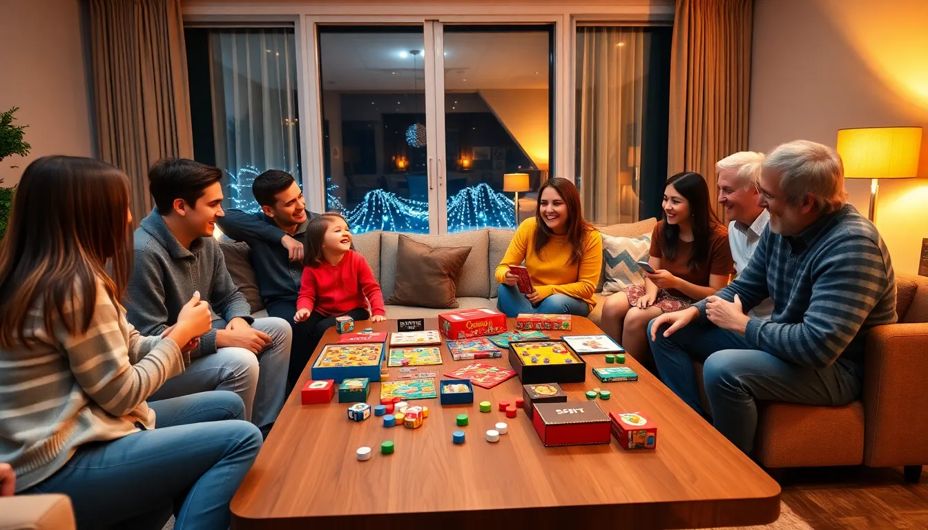diverse family enjoying a game night in a cozy living room.