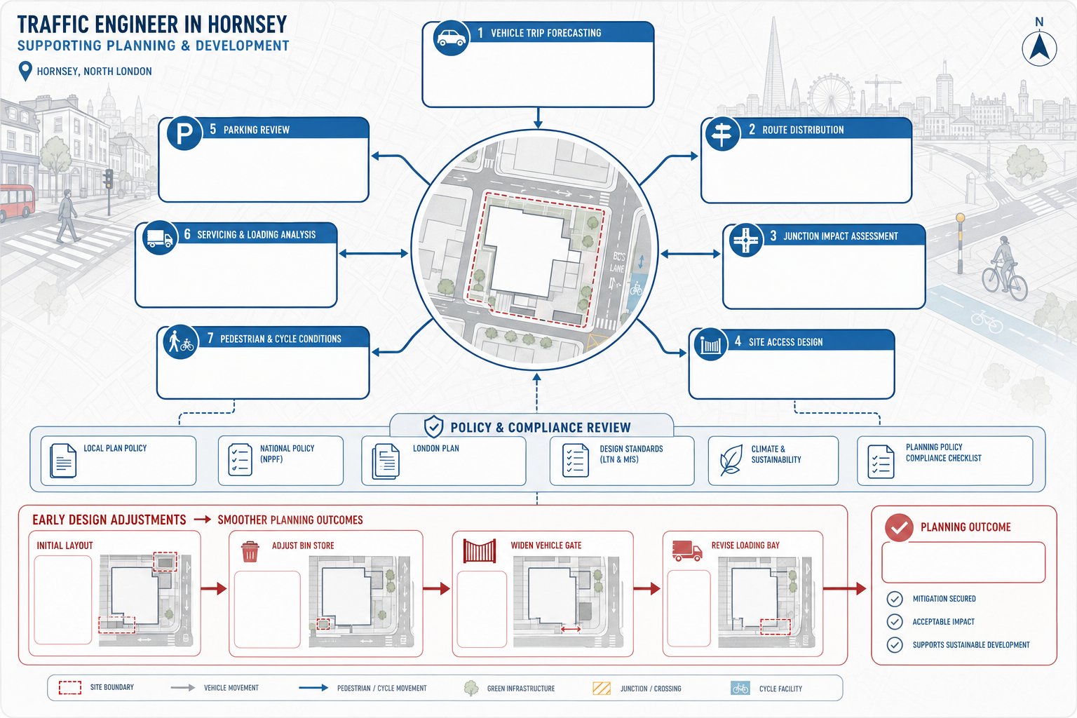 Infographic of traffic engineering tasks for Hornsey planning and development.