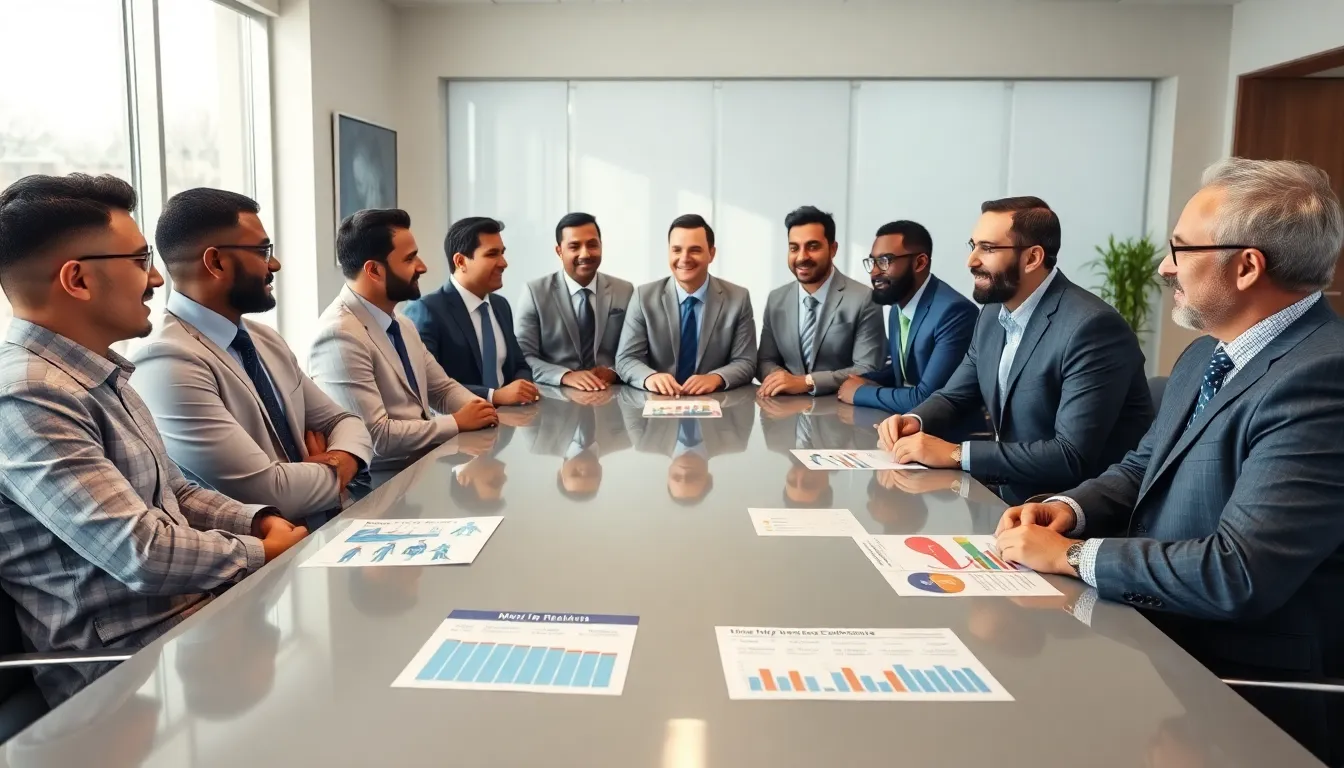diverse group discussing men's health in a modern office.