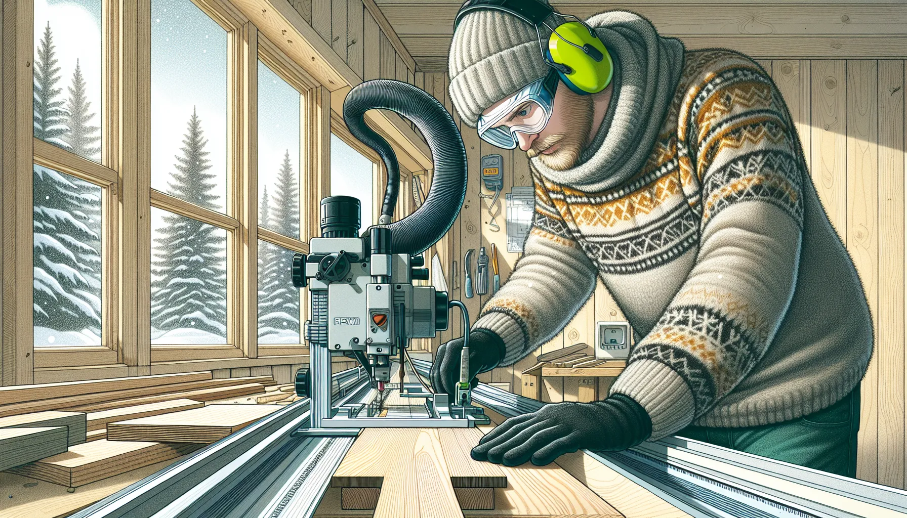 Hvordan velge riktig verktøy for små byggeprosjekter 3 Diyer in norway using dust-controlled track saw with ppe in bright workshop.