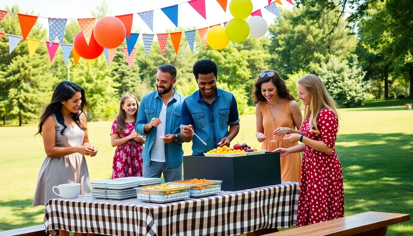 Diverse group enjoying a budget-friendly outdoor celebration in a park.