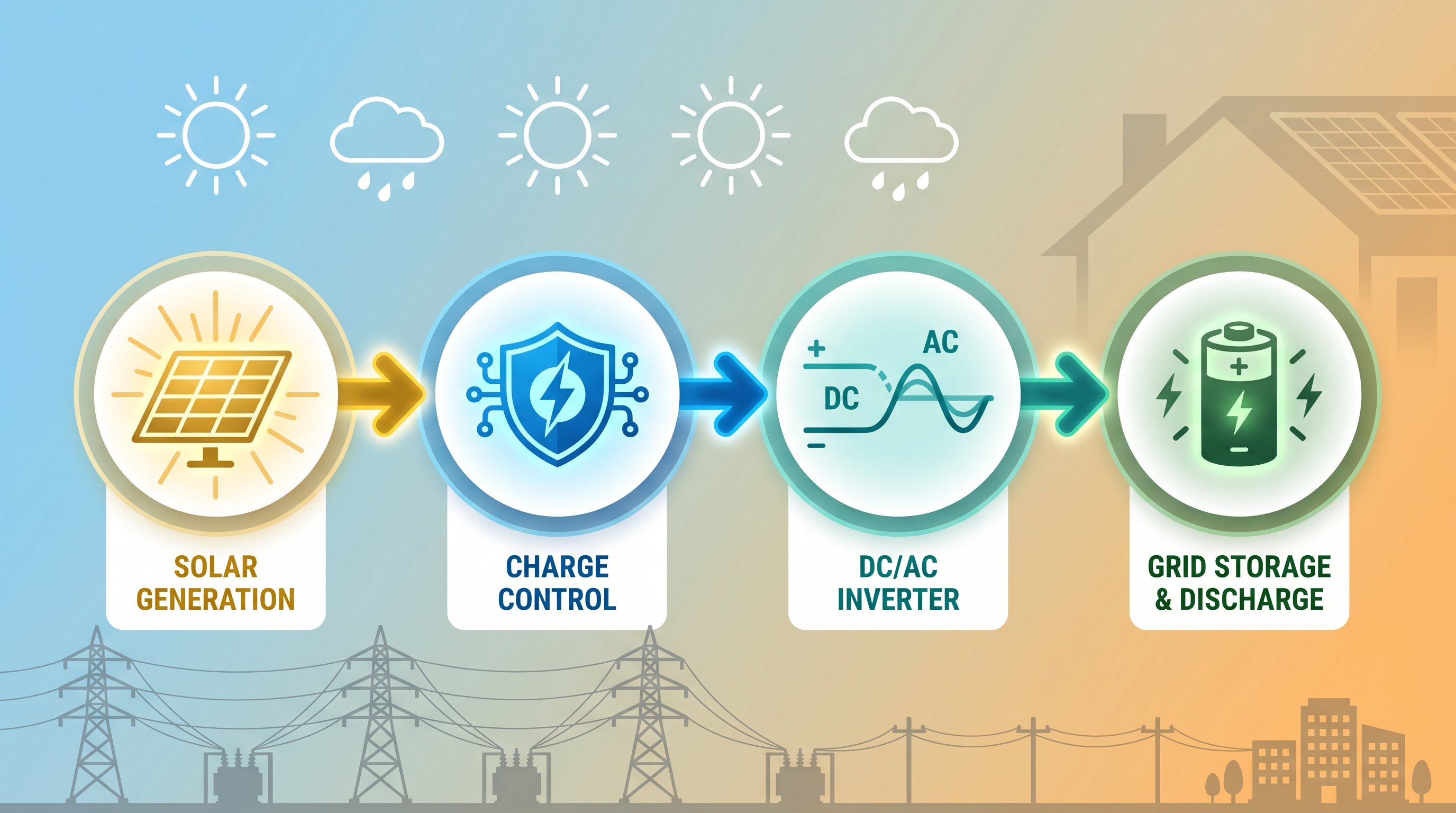 Flowchart showing solar panel to battery storage process with charge controllers and inverters