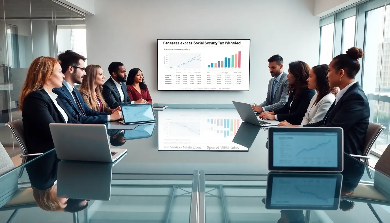 diverse team discussing Social Security tax in a modern office.