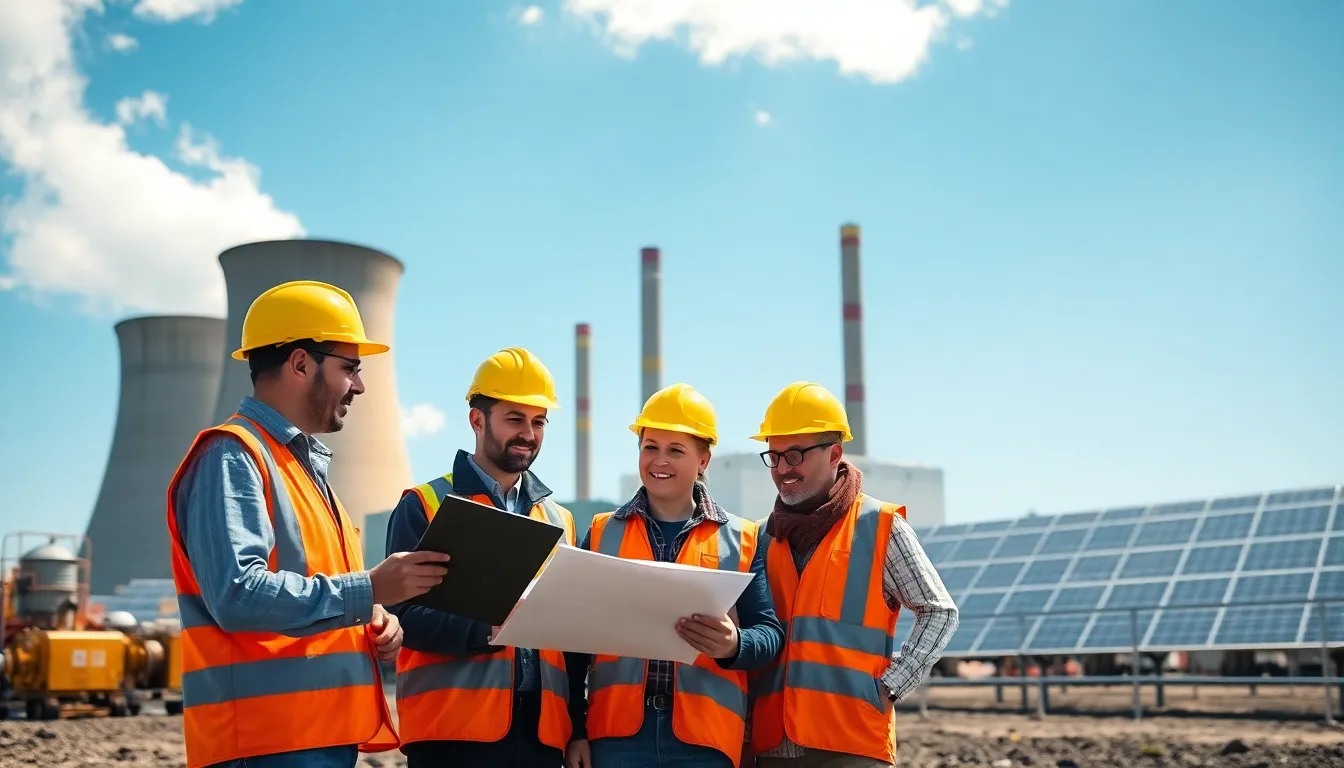 diverse team discussing operations at a modern coal power plant.