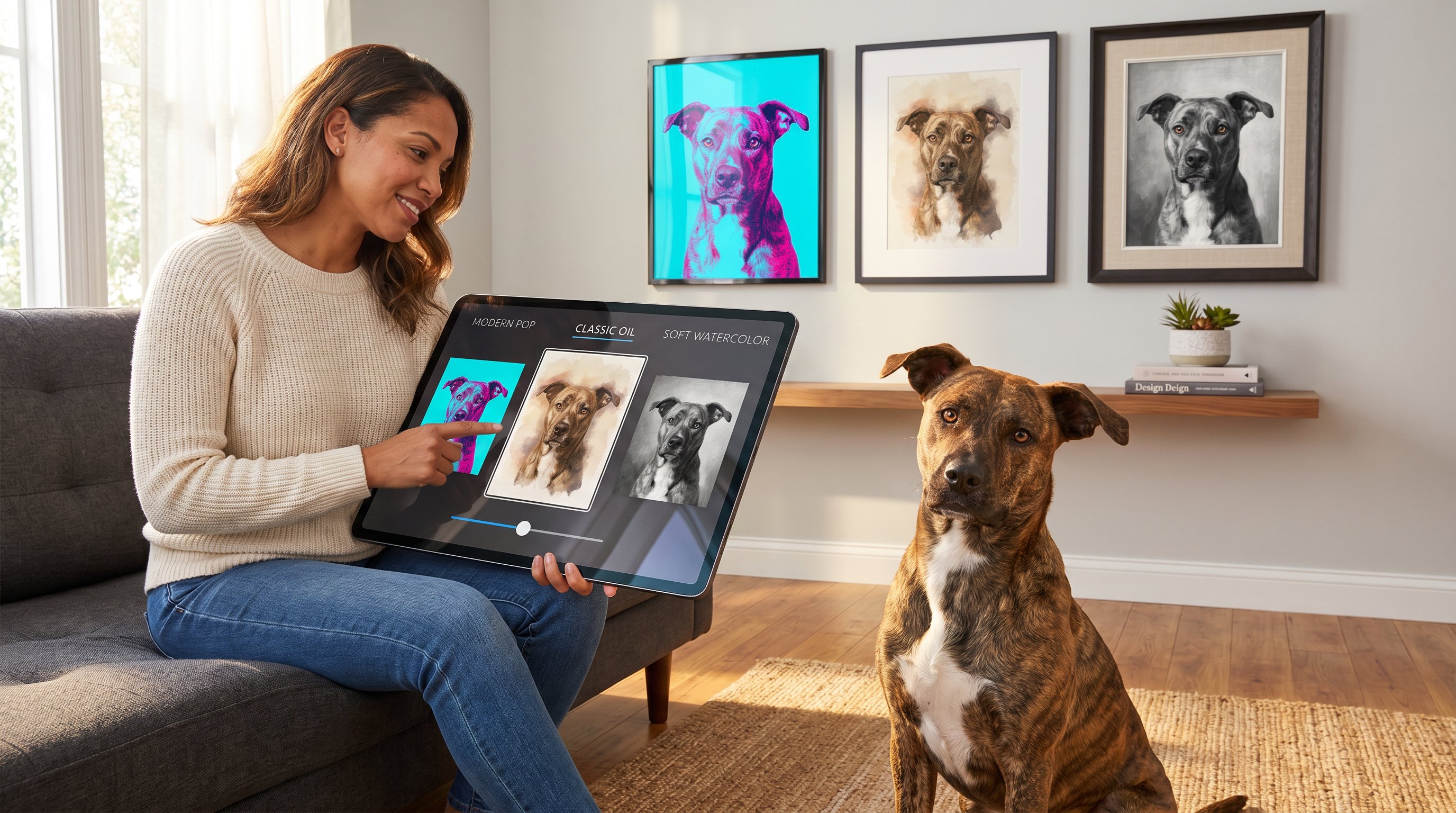 Woman previewing AI dog art styles on a tablet with her brindle dog nearby.