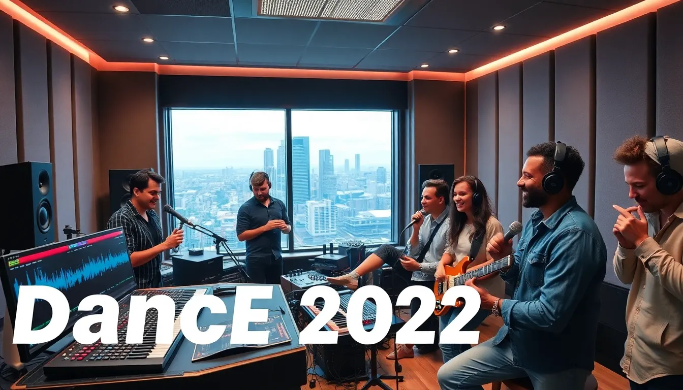diverse musicians collaborating in a modern music studio.