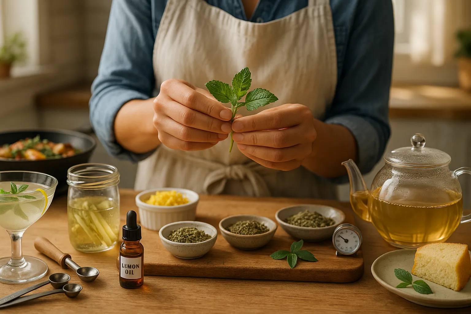 Hands holding lemon balm sprig over a kitchen counter with herb substitutes.