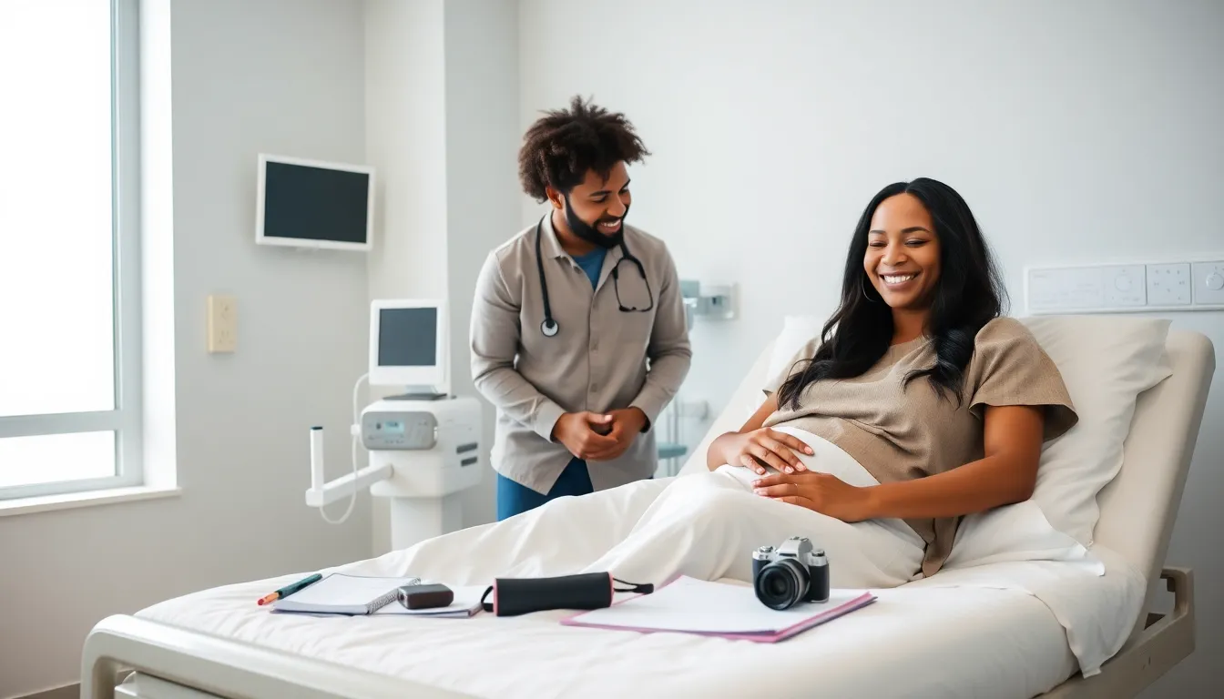 diverse first-time parents preparing for childbirth in a modern hospital room.