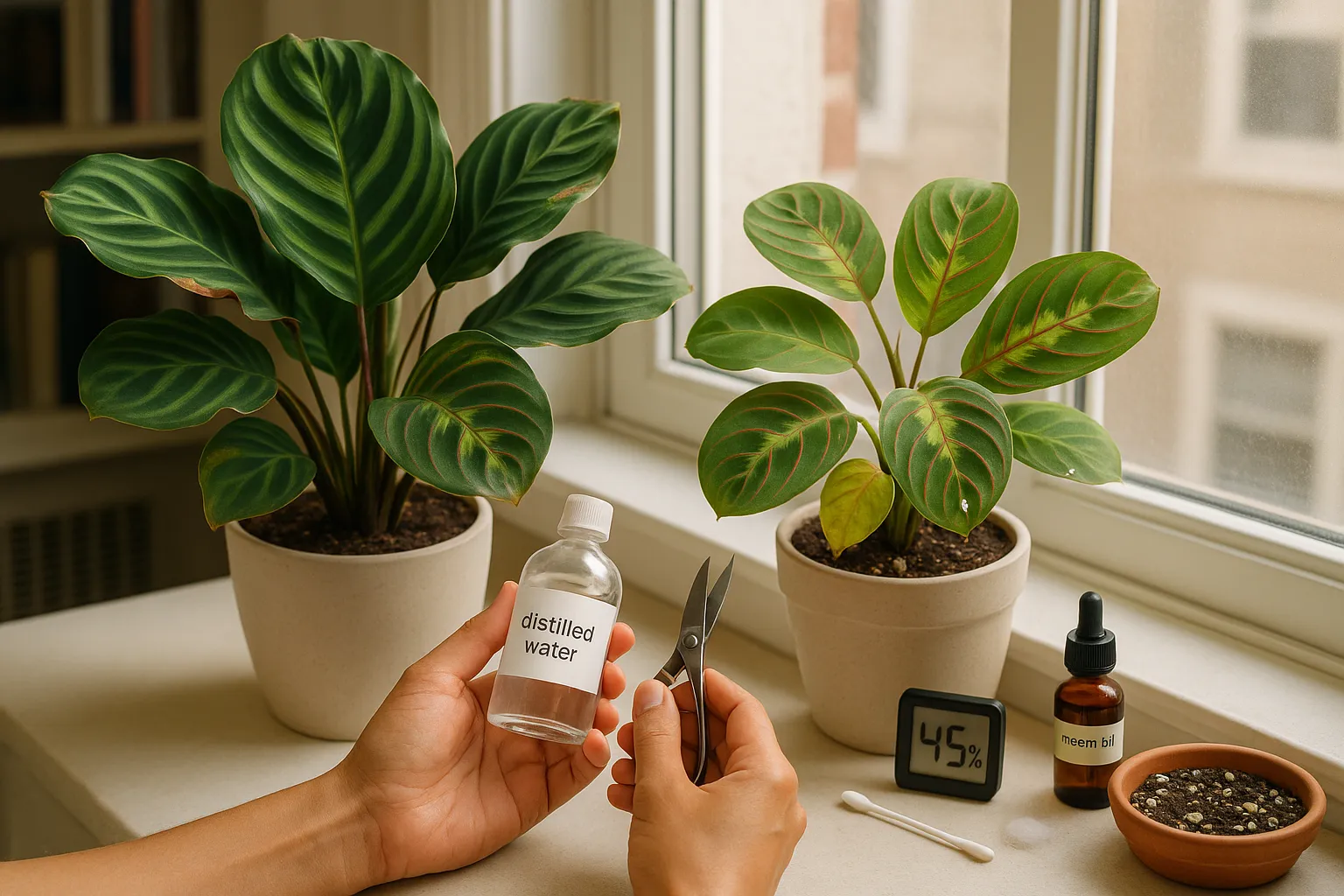 Hands tending a Calathea and Maranta showing leaf problems and care tools.