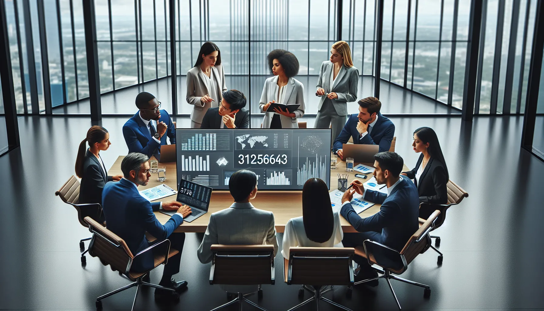 diverse team discussing the significance of a unique number in a modern office.