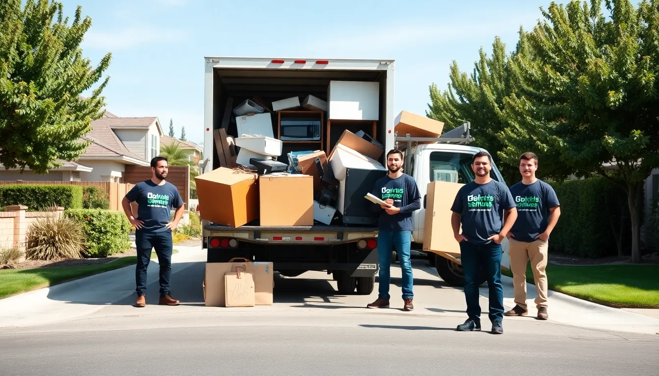 diverse junk haulers loading items into a branded truck in Fresno.