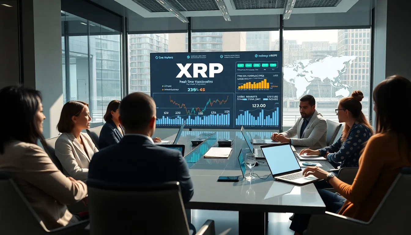 diverse team discussing XRP cryptocurrency in a modern office.