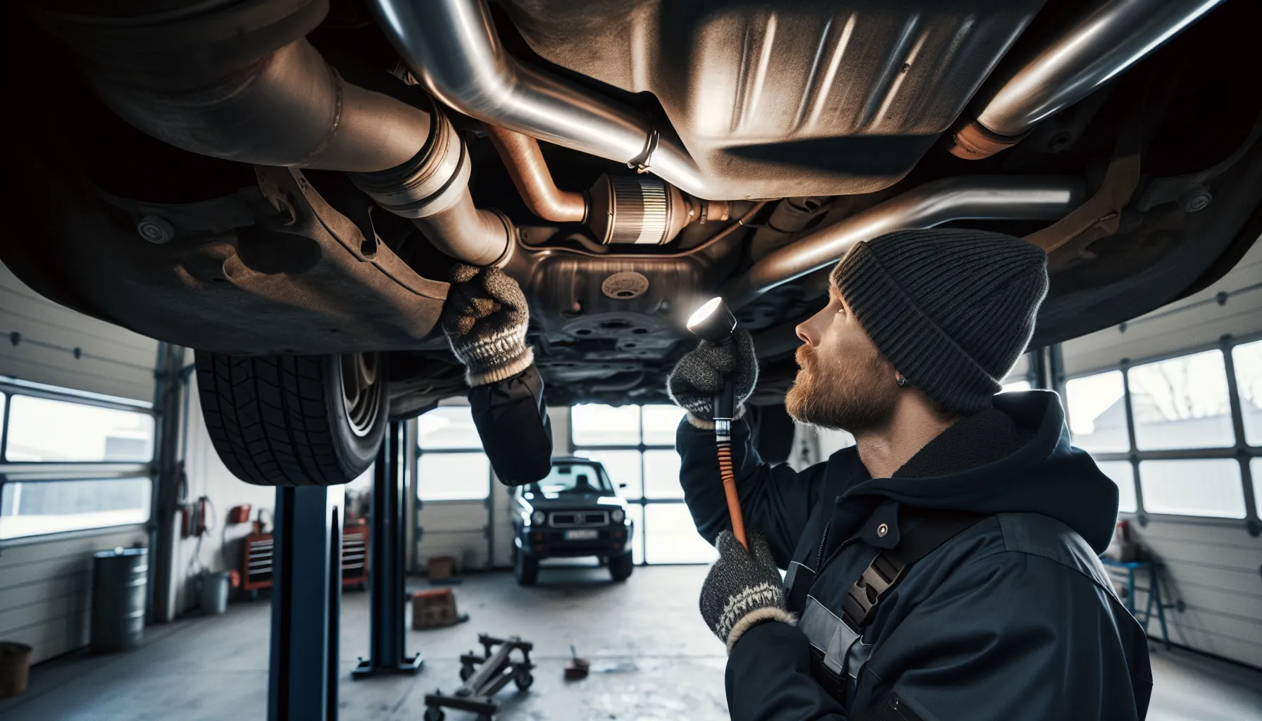 Slik holder du bilens eksosanlegg i topp stand 1 Mechanic inspects car exhaust for rust, leaks, and worn hangers in norway.