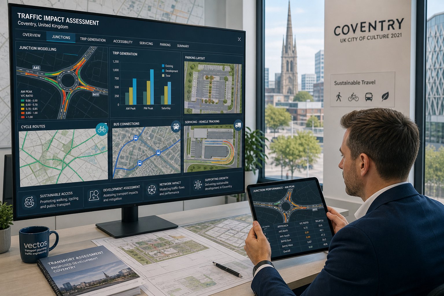 Traffic engineer reviewing Coventry development traffic and transport planning models.