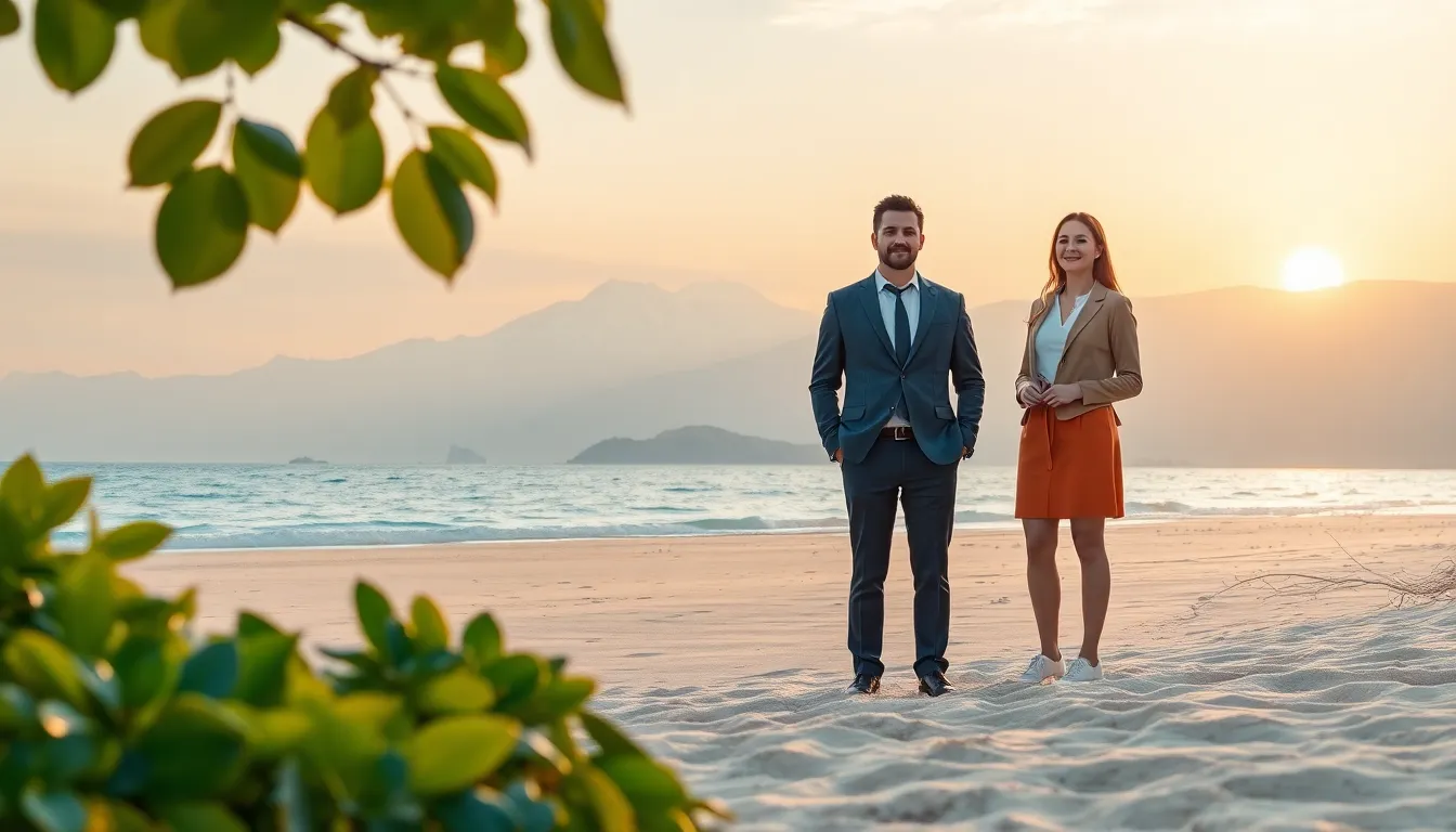 serene landscape depicting paradise beauty with diverse professionals.