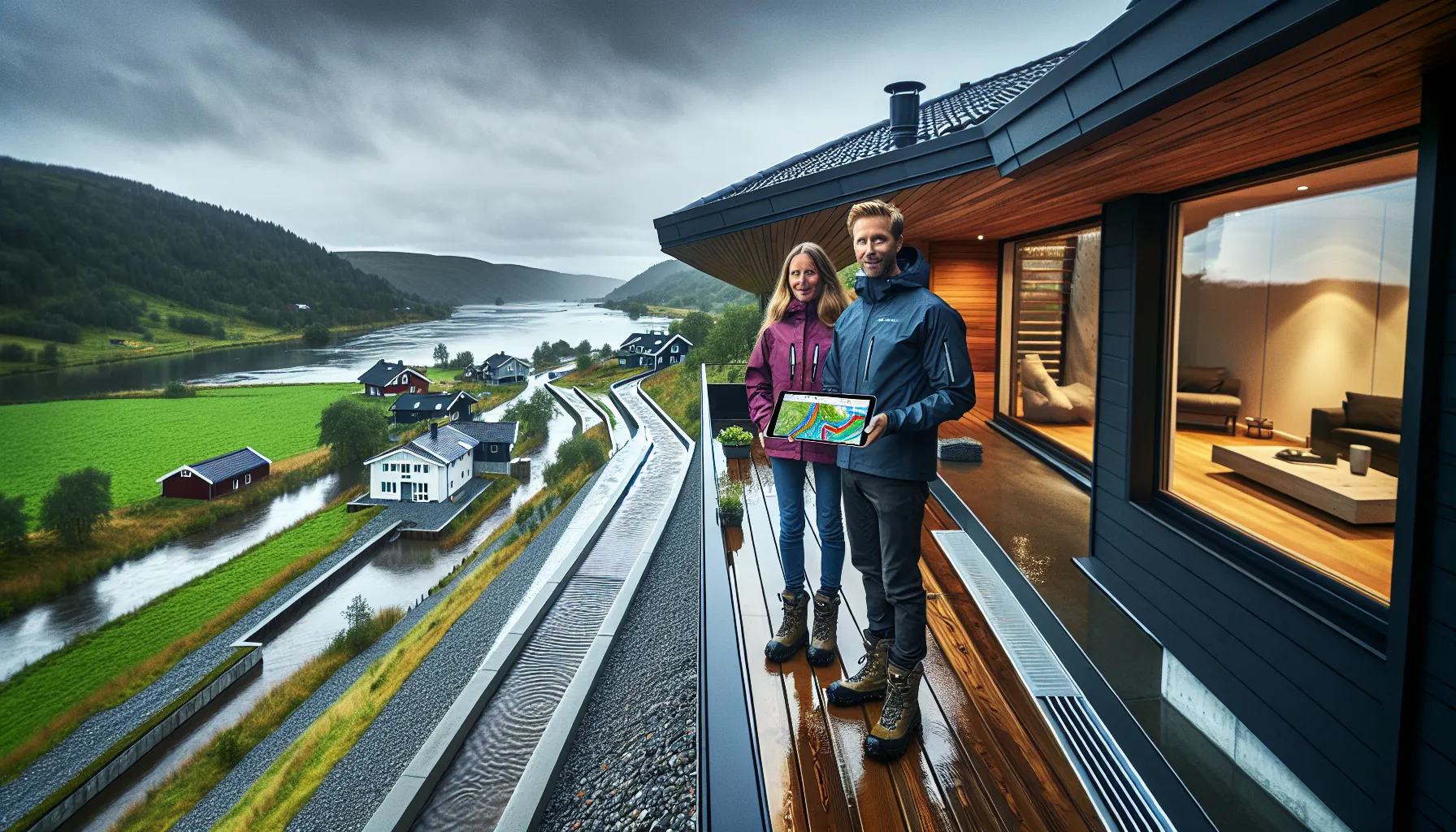 Couple and agent assess hillside home overlooking a flooded norwegian valley.
