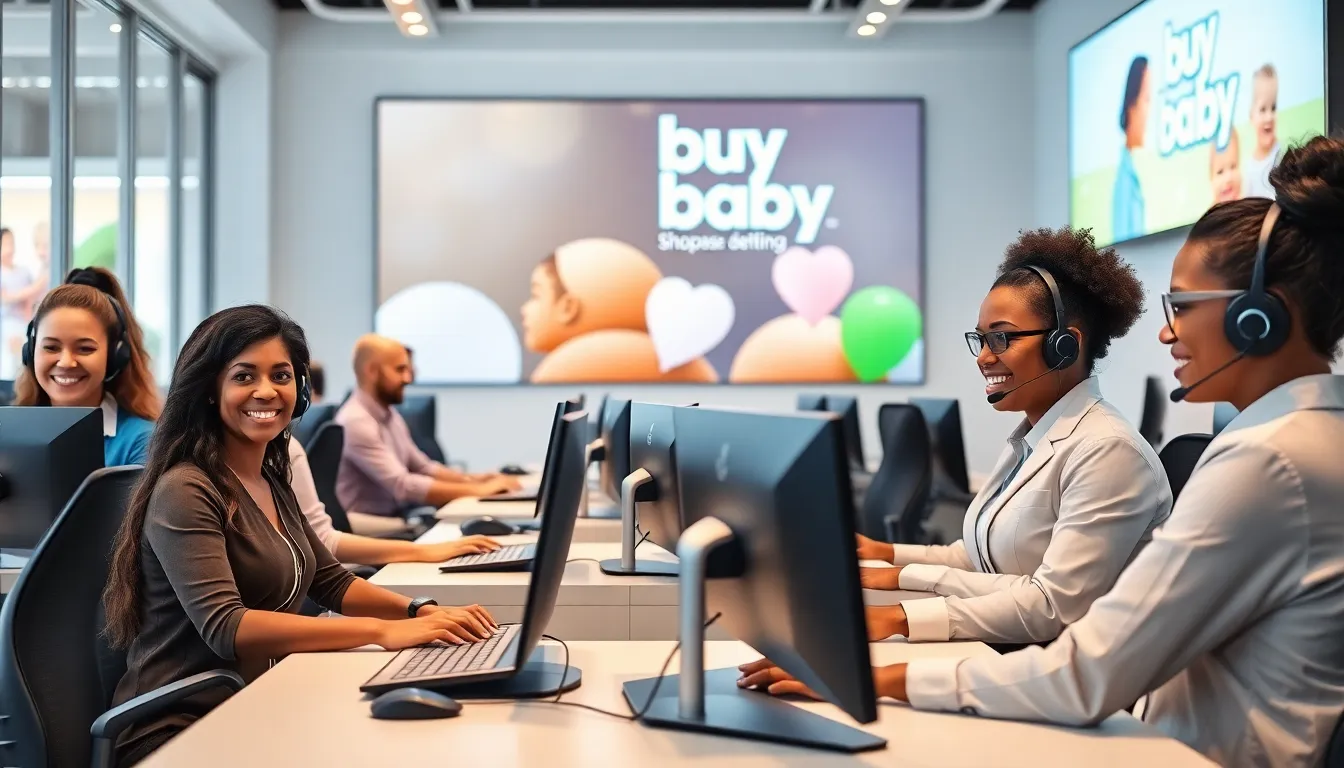 customer service team helping parents in a modern office setting.