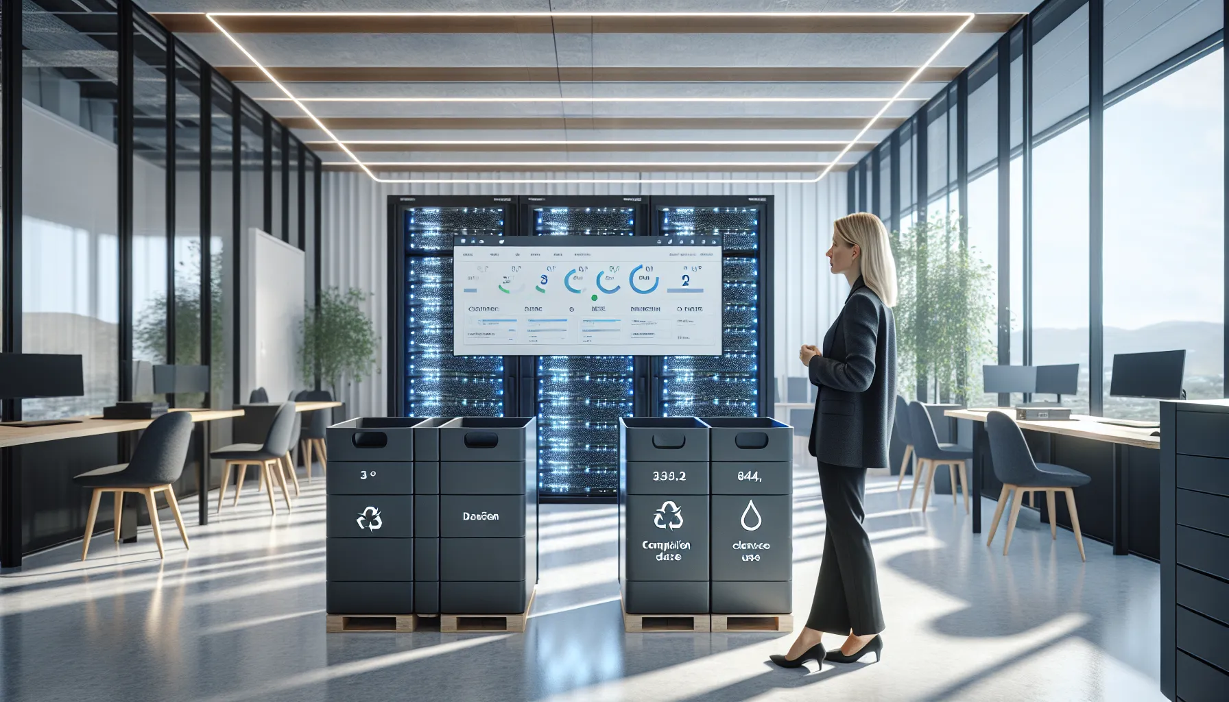 Norwegian it manager reviewing sustainable it dashboard beside energy‑efficient server room.