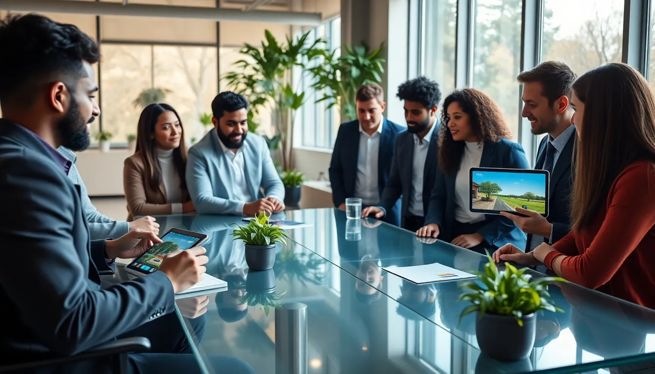 diverse group collaborating in a bright modern workspace.
