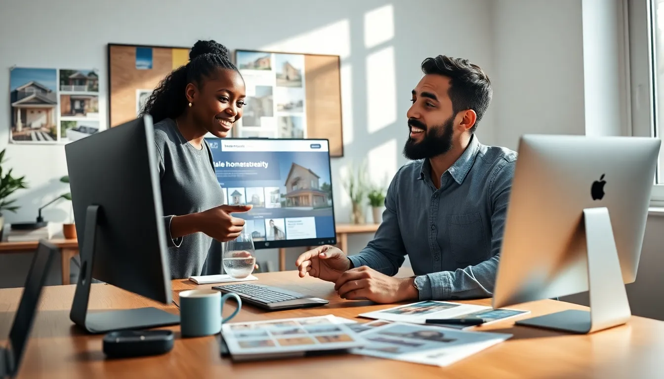 a young couple using a real estate website in a bright home office.
