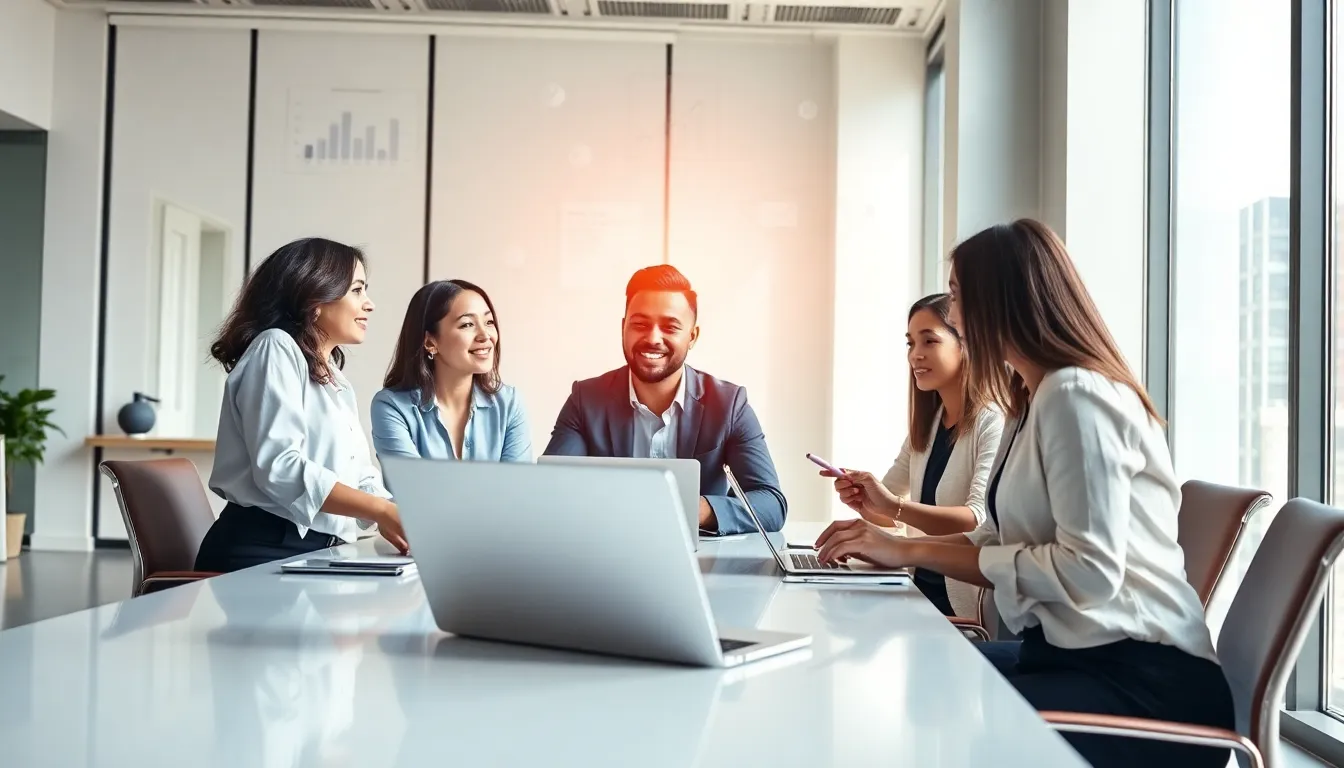 diverse team collaborating on digital marketing strategies in a modern office.