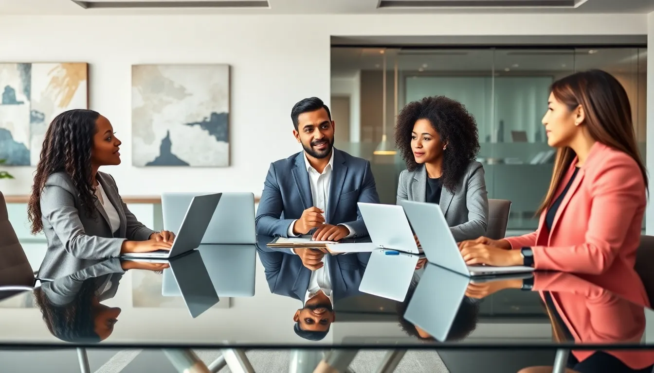 diverse executives collaborating in a modern coaching session.