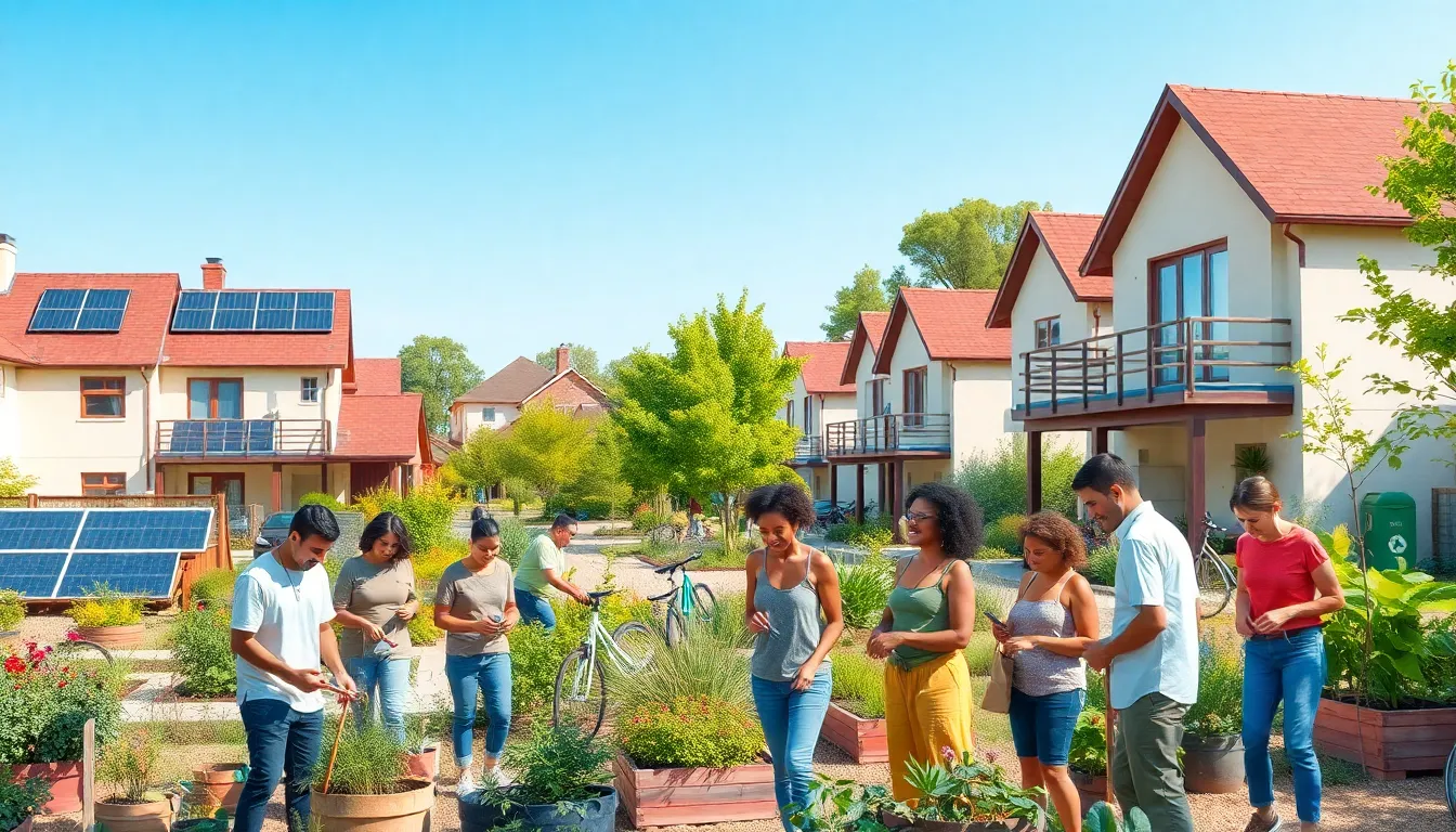 diverse residents engaging in activities in a sustainable living community.
