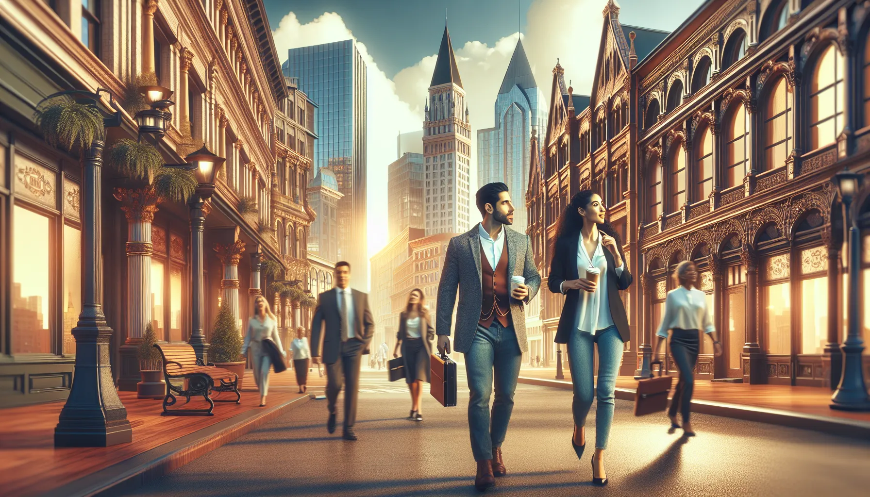 diverse professionals enjoying a vibrant city street atmosphere.