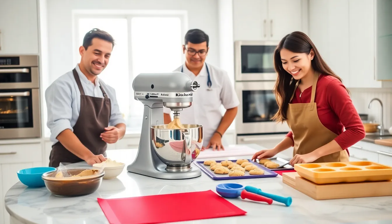 diverse bakers preparing cookies in a modern kitchen.