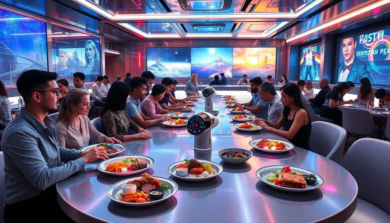 futuristic sci-fi restaurant with robot servers and diverse patrons.