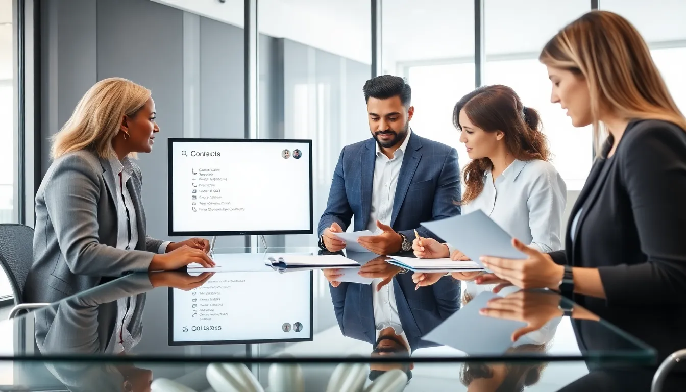 diverse team discussing importance of contact information in a modern office.