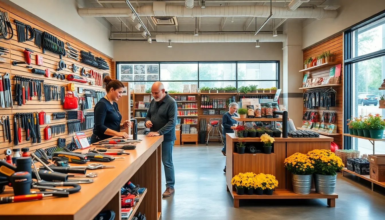 a friendly employee assisting a customer in a well-stocked hardware store.