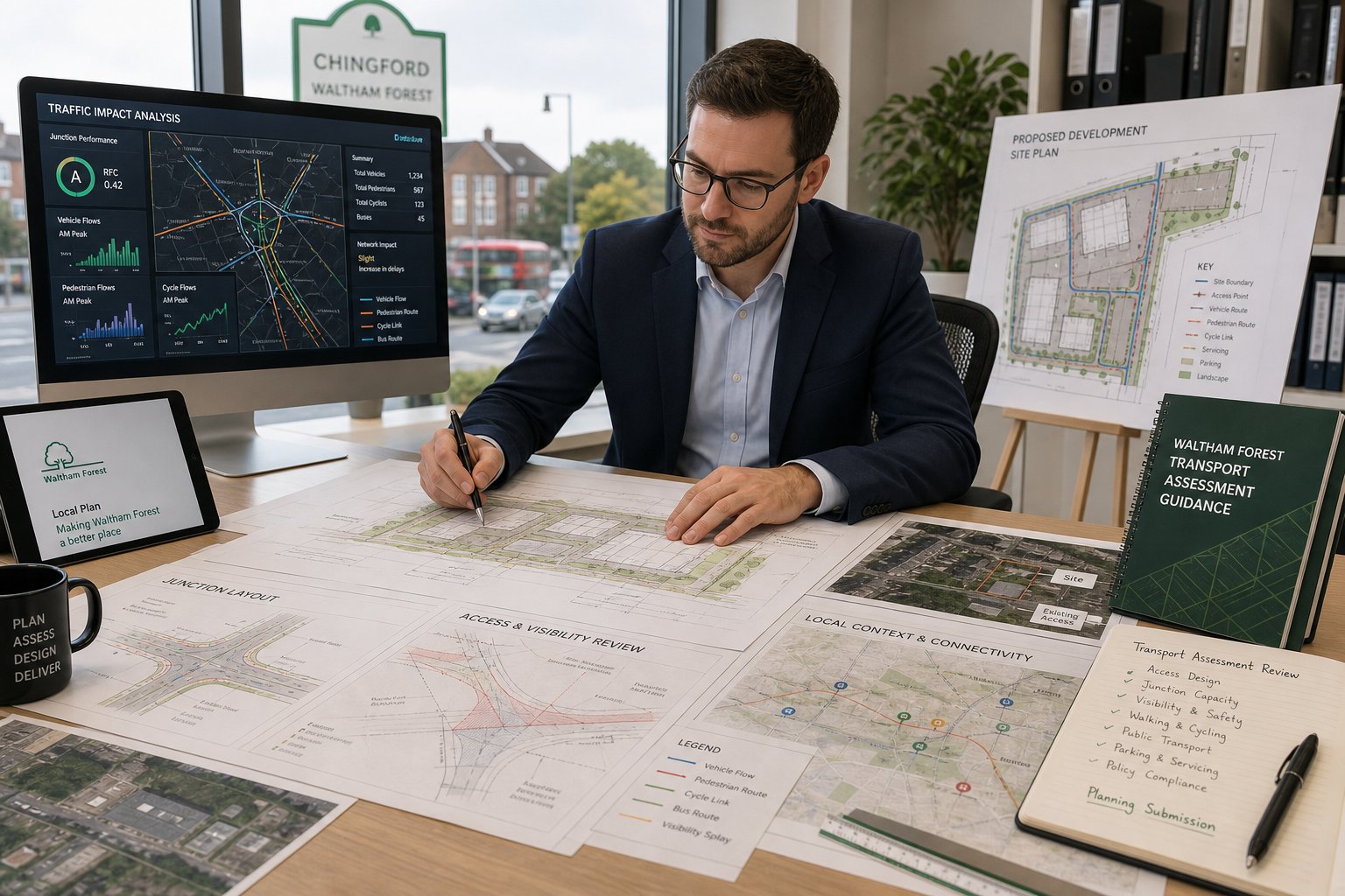 Traffic engineer reviewing development transport plans and street access analysis.