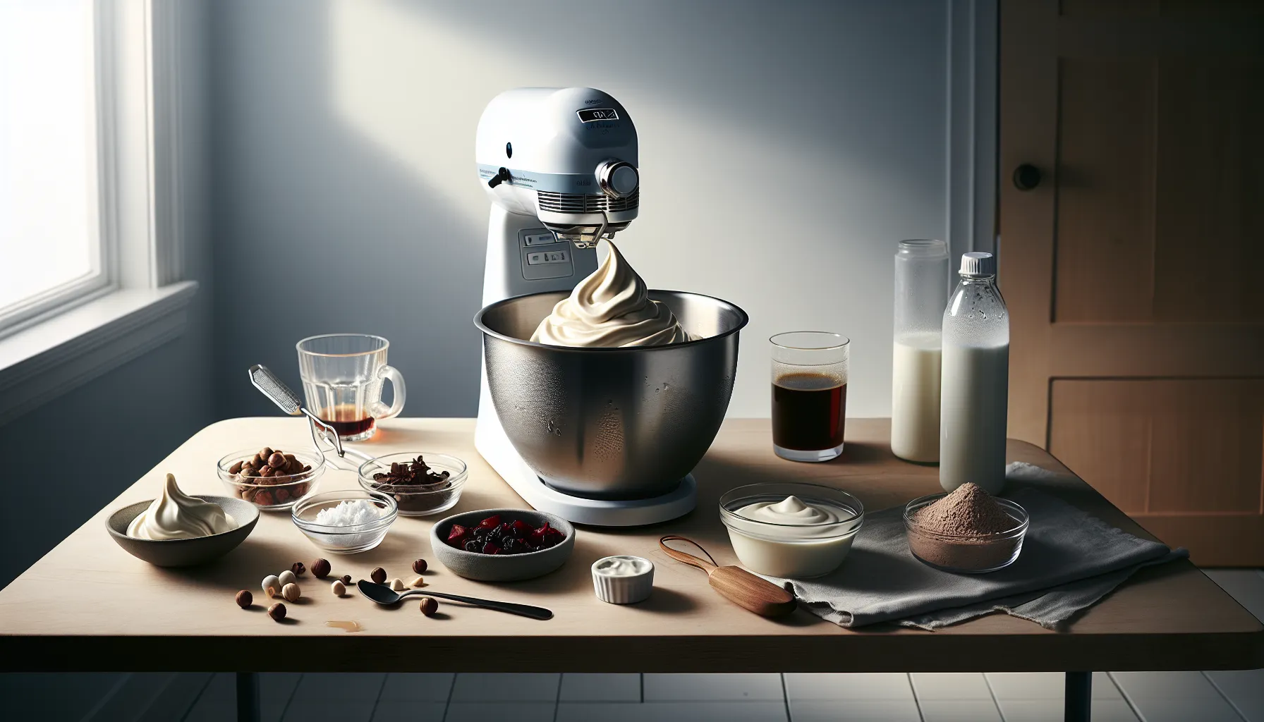 Cold ingredients and tools for homemade ice cream in a norwegian kitchen.