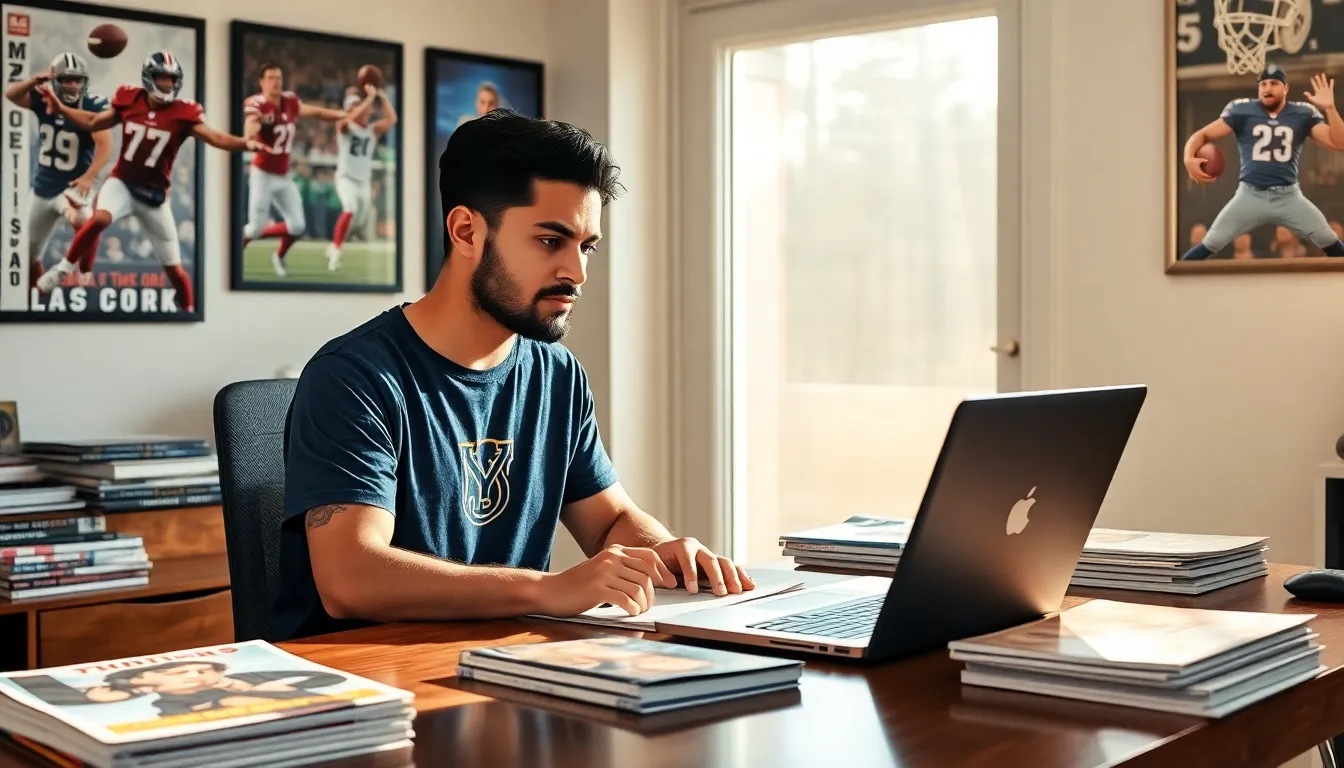 a sports journalist working in a cozy home office filled with sports memorabilia.