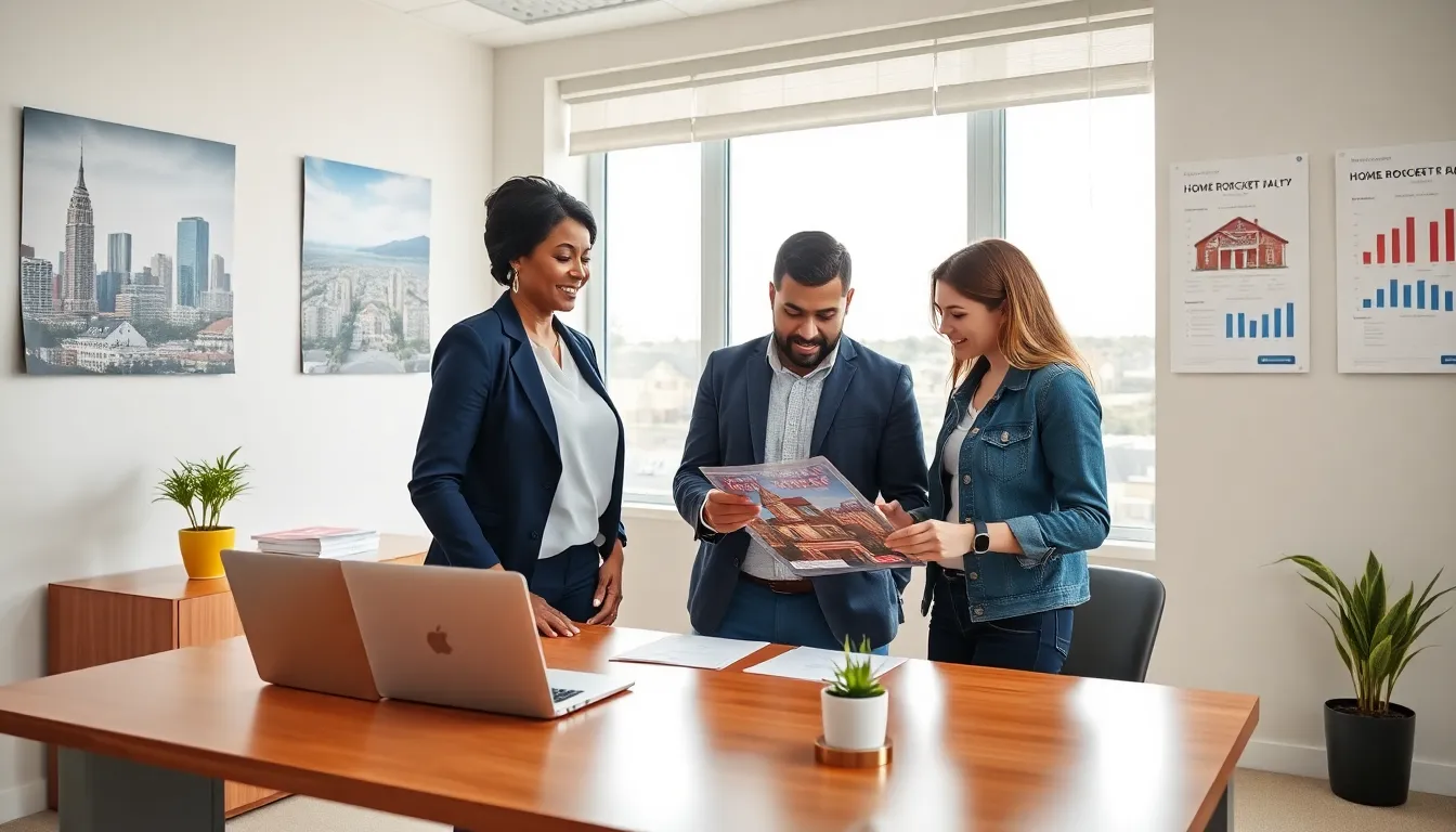 A real estate agent advising a young couple in a modern office.