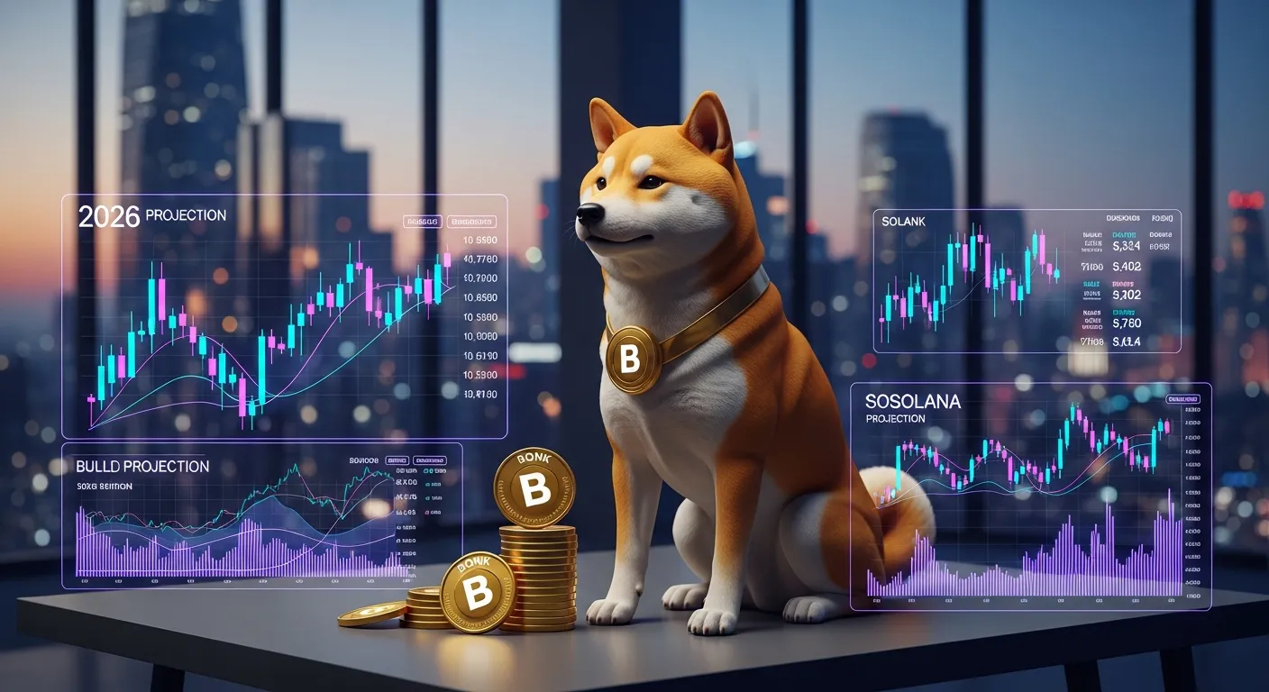 A realistic Shiba Inu dog on a trading desk with 2026 crypto market charts.