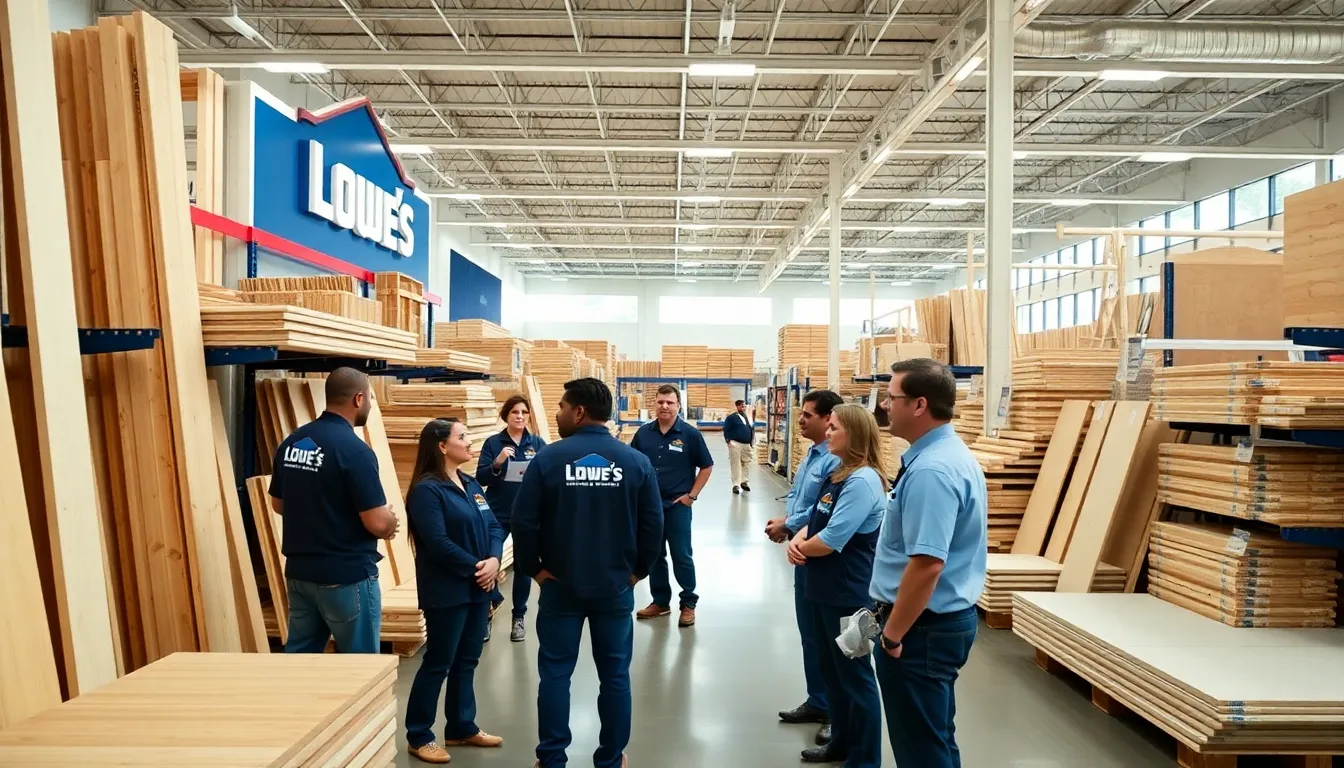 Lowe's staff assisting customers in a lumber and building materials section.