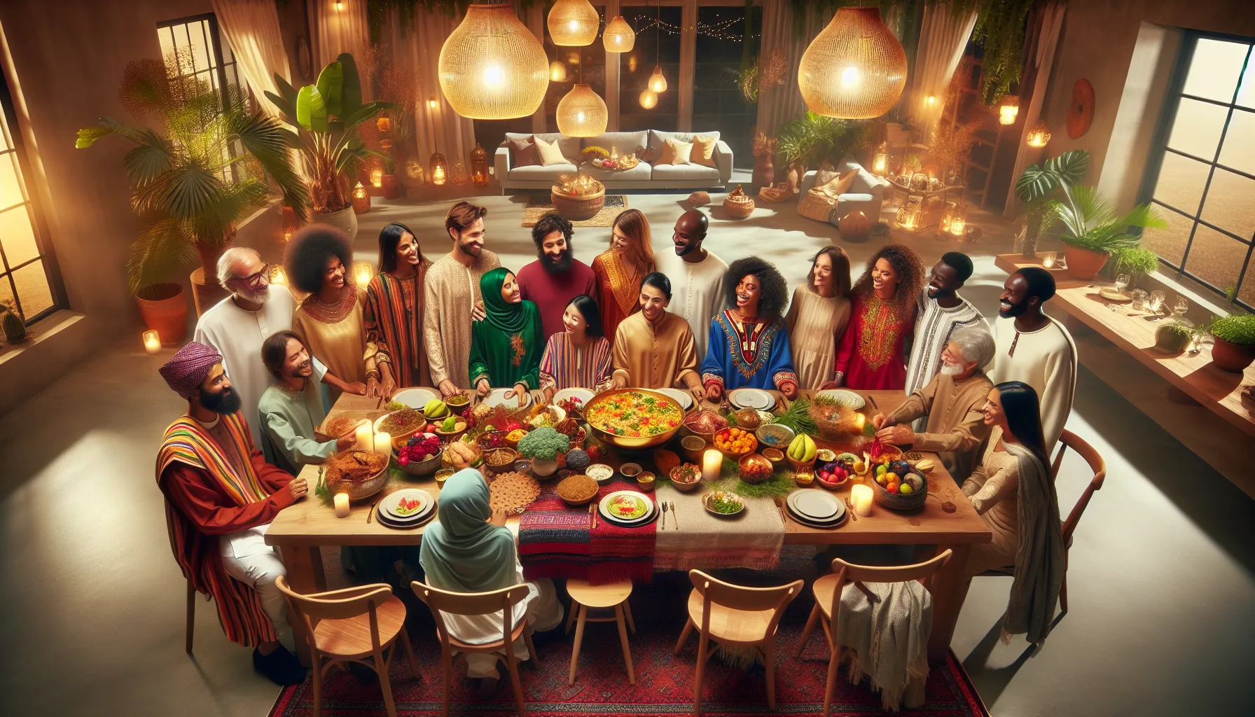 diverse group celebrating with Rasnkada dish on a festive table.