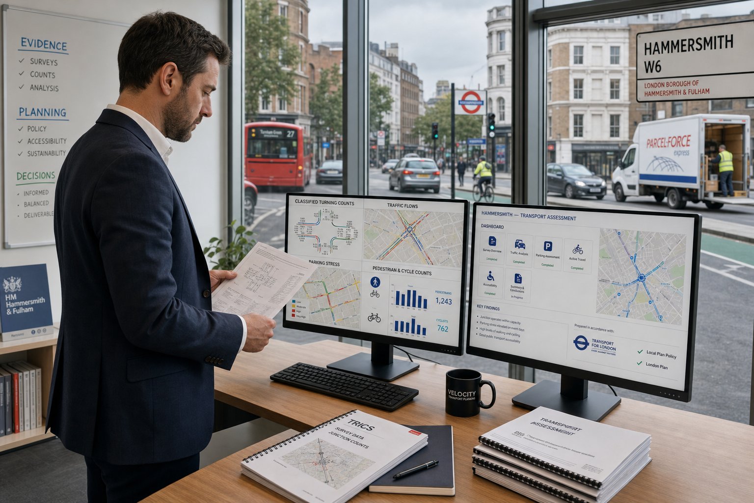 Traffic engineer reviewing transport survey data in a modern Hammersmith office.