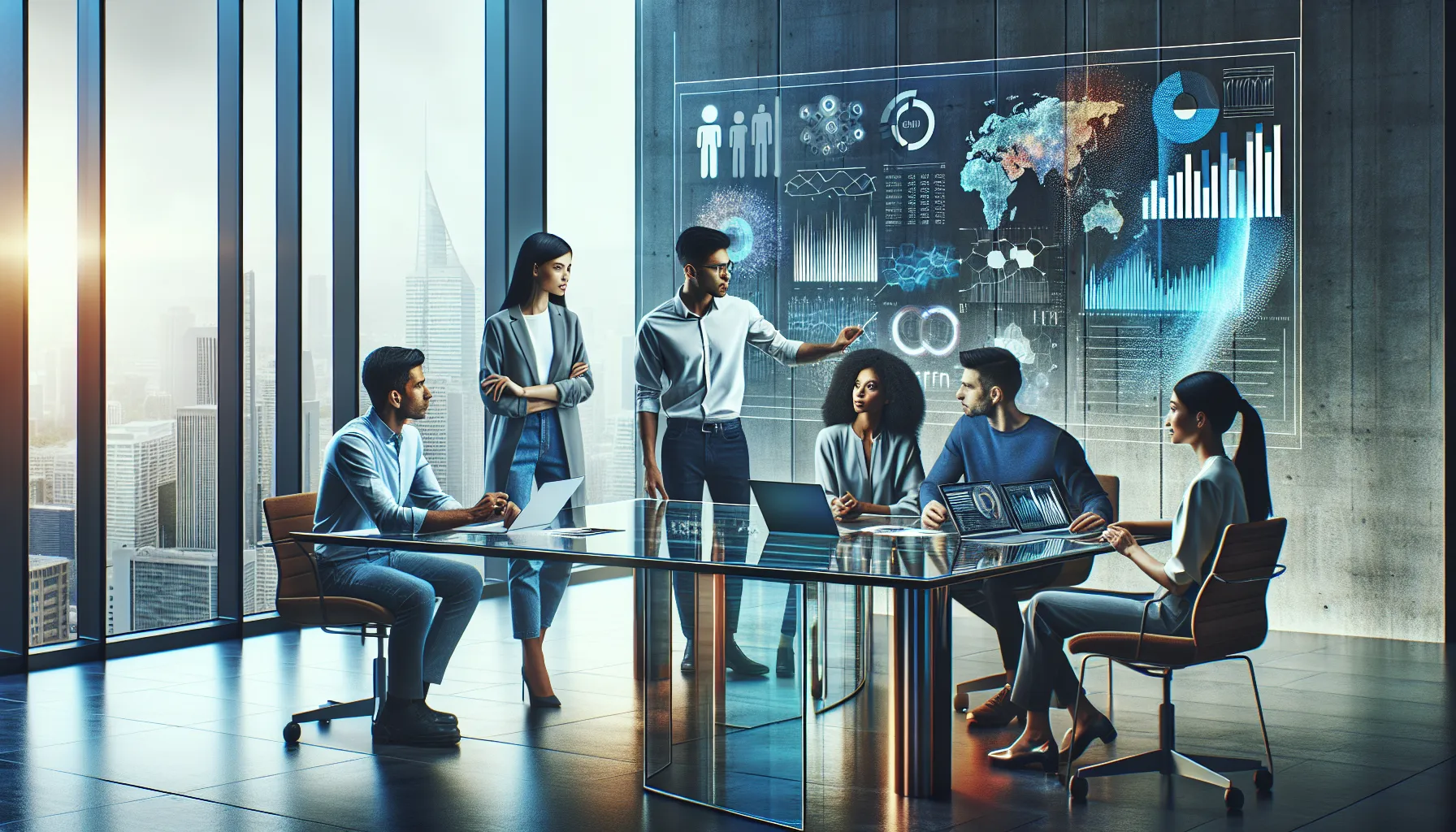 diverse team discussing future trends in a modern office.