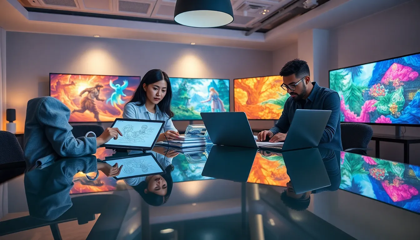diverse team developing a fantasy game in a modern studio.