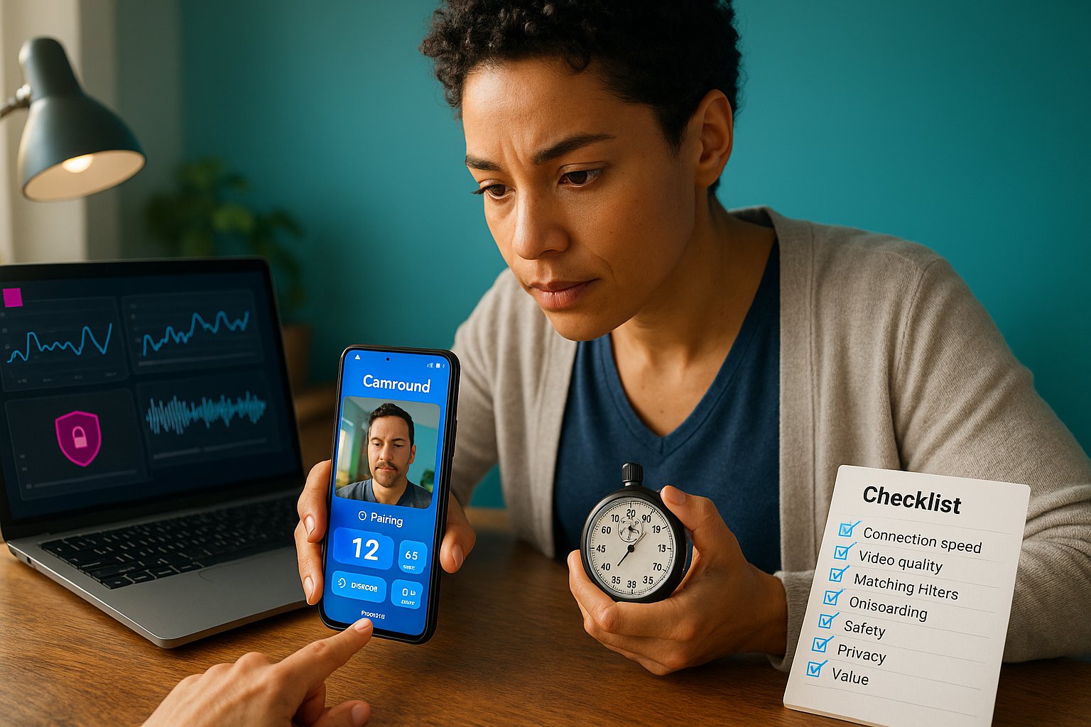 Reviewer testing Camround app on phone with laptop metrics and checklist.